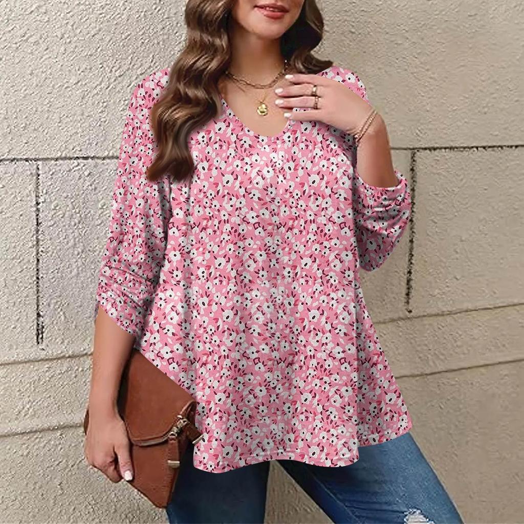 Women's Plus Size Fashion Printed Casual Pleated Round Neck Long Sleeve Top