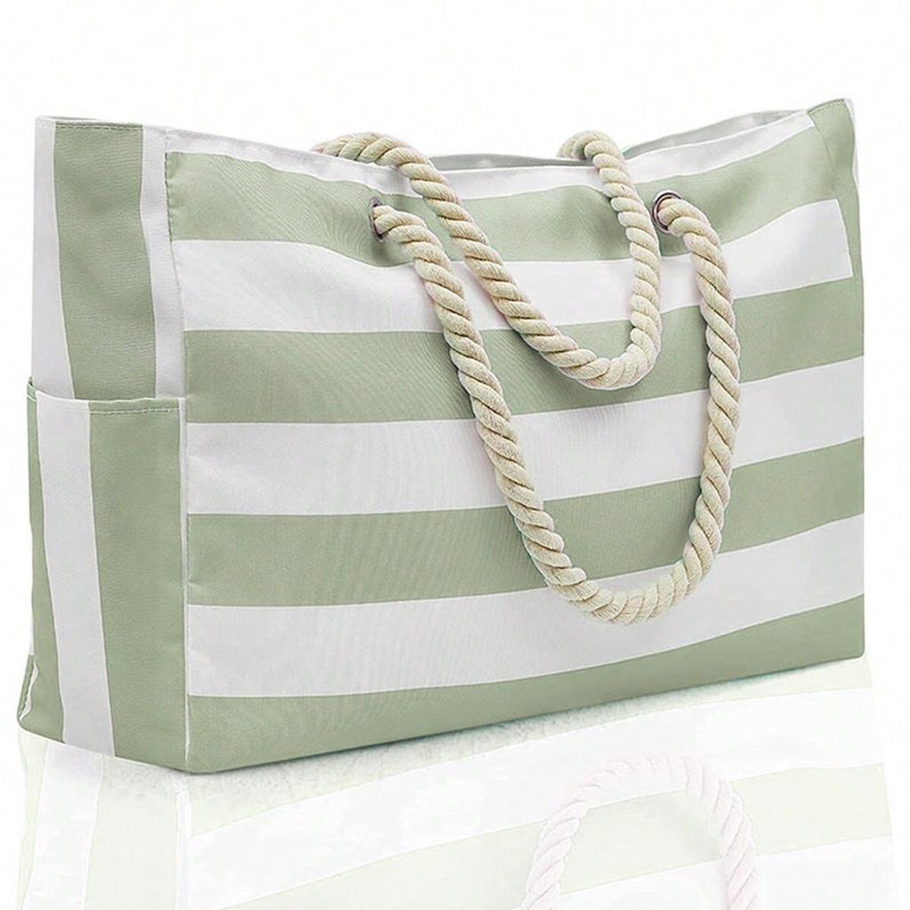 Striped Canvas Summer Beach Bag, Large Capacity Shopping Bag, Fashion Tote Bag For Travel,Ideal for Beach, Travel, & Camping