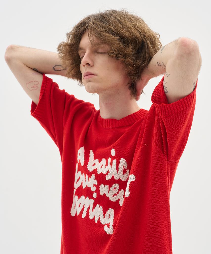 BLOND9 Slogan Round Short Sleeve Knit_Red