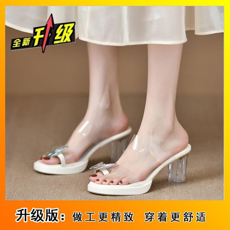 Bow thick-soled waterproof table sandals girl 2025 summer fairy wind transparent word with toe high heel cool slippers