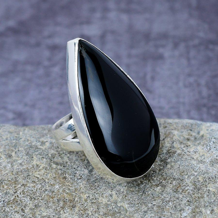 Черный обсидиановый драгоценный камень ручной работы 925 пробы Серебряное кольцо Ювелирный подарок для матери