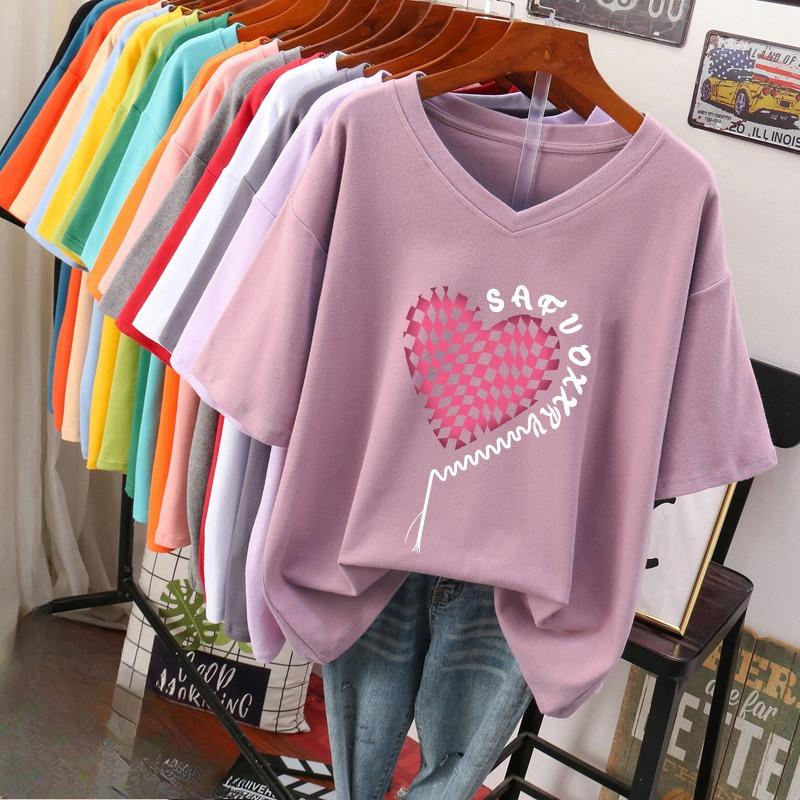 Футболка с коротким рукавом, Свободного кроя, Приталенный топ с V-образным вырезом с принтом для женщин