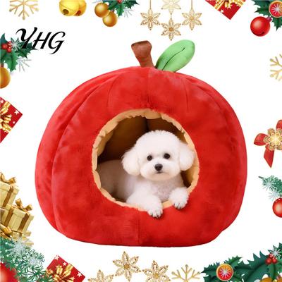 Removable Inner Pad Pet Cave Apple-Shaped Cat Bed, Plush Hideaway with Cushion, Warm Soft Cotton Sleeping Bag Cozy Enclosed Bed for Small Dogs