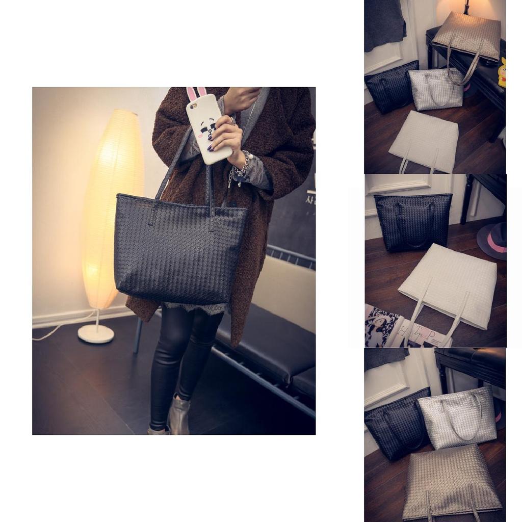 Stylish Large Capacity Pu Tote Bag For Women Retro Casual Woven Shoulder Handbag