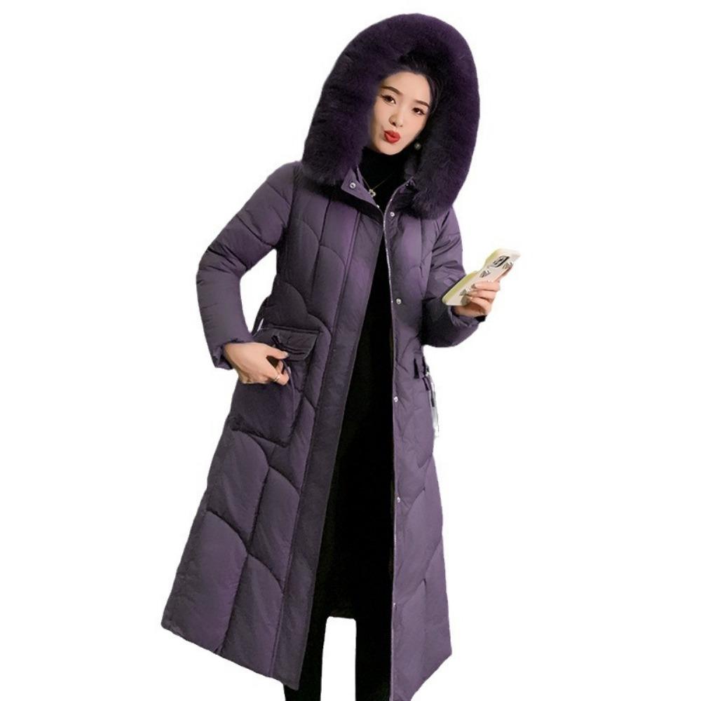 Женская длинная хлопковая одежда выше колена однотонного цвета, новая осенне-зимняя корейская версия, приталенная, модная, с большим меховым воротником, хлопковая одежда