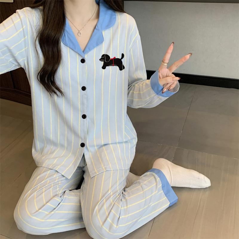 High-value simple striped puppy ins imitation cotton lapel cardigan spring new long-sleeved pajamas women's suit