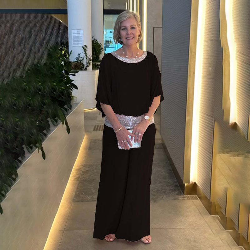 Europe and The United States Ladies Suit Round Neck Sequins Color Blocking Bat Shirt Wide Leg Pants Suit Female