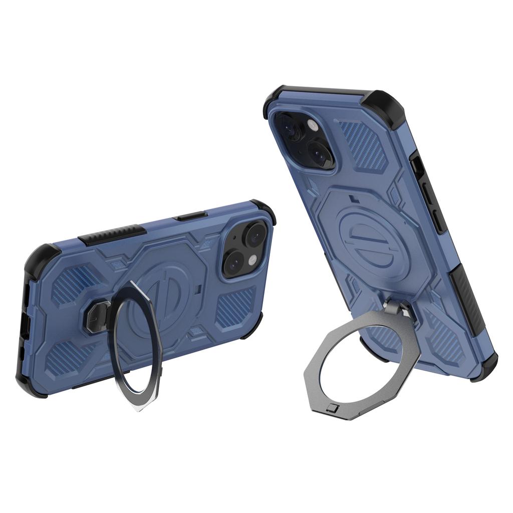 For iPhone 15 Magnetic Case Rotating Metal Kickstand Shockproof PC+TPU Phone Back Cover