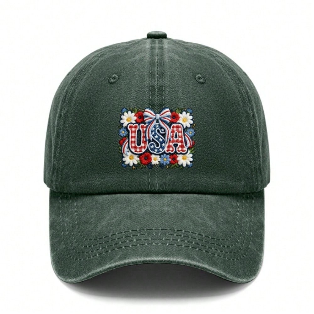 [Vintage USA Baseball Cap] Adult Unisex "USA" Floral Print Adjustable Sun Cap Breathable Curved Brim Streetwear Baseball Hat For Patriotic Holidays &