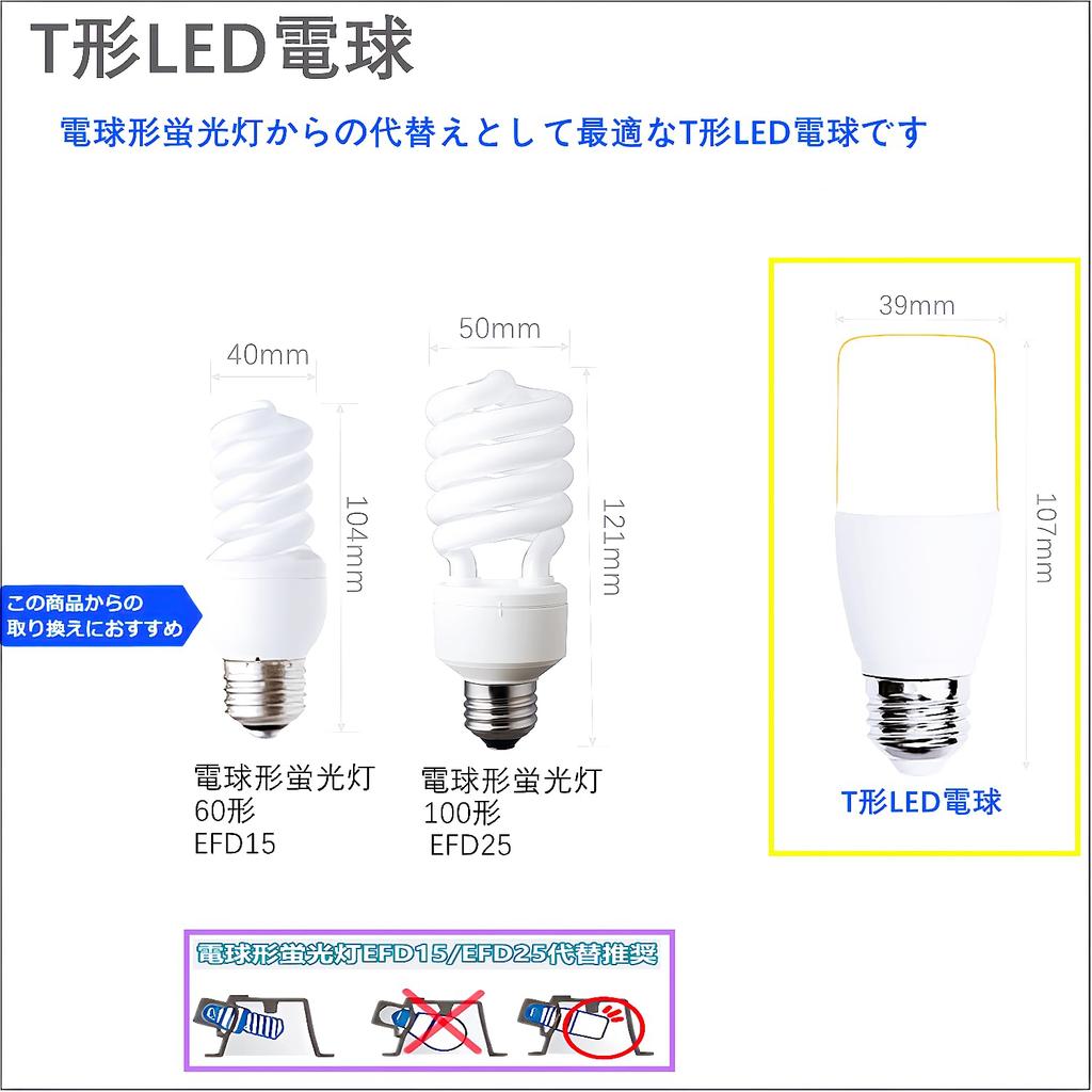 T-shaped LED Bulb, 26mm Base Diameter, 100W Equivalent (7.8W), Warm White, 1120lm, Compatible with Standard T-shaped Bulbs, Sealed Fixtures, and