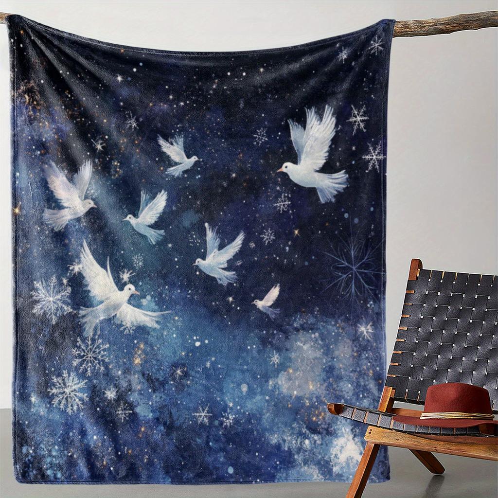 1pc Flannel Throw Blanket, White Doves & Snowflakes Print, Soft Warm Cozy Blanket for Sofa, Bed, Car, Office, Camping, Travel, A
