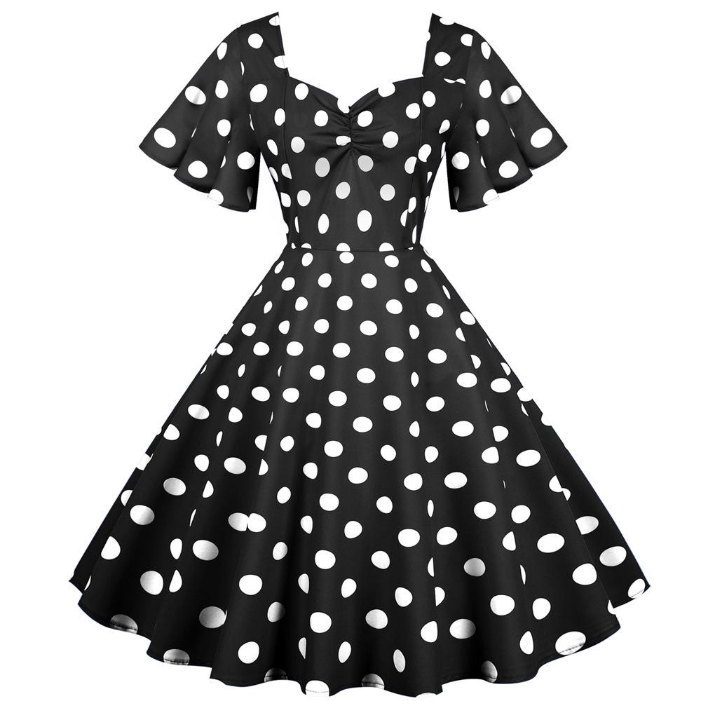 2021 Retro Polka Dot Print Swing Dress with Belt - Casual & Slim Fit