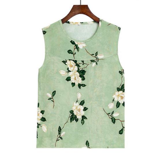 2 Pcs/Set Women Vest Pants Set Flower Print Round Neck Sleeveless Loose Pleated Elastic Waist Wide Leg Casual Homewear Mid-aged Mother Pajamas Set