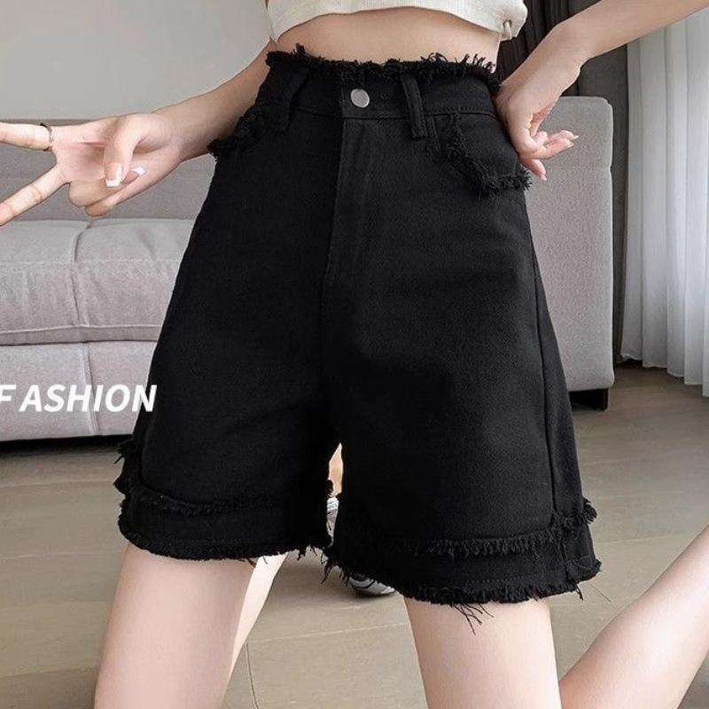 Black Denim Shorts Women's Versatile Summer Thin A-line High Waist Loose Fit Slimming Edge Cropped Pants
