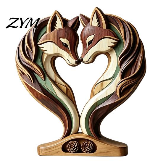Decorative Wooden Animal Ornaments Ornament with Stable Base, Double Layer Carved Figurine, Rustic Wood Crafts for Office Heart Shape Sculpture