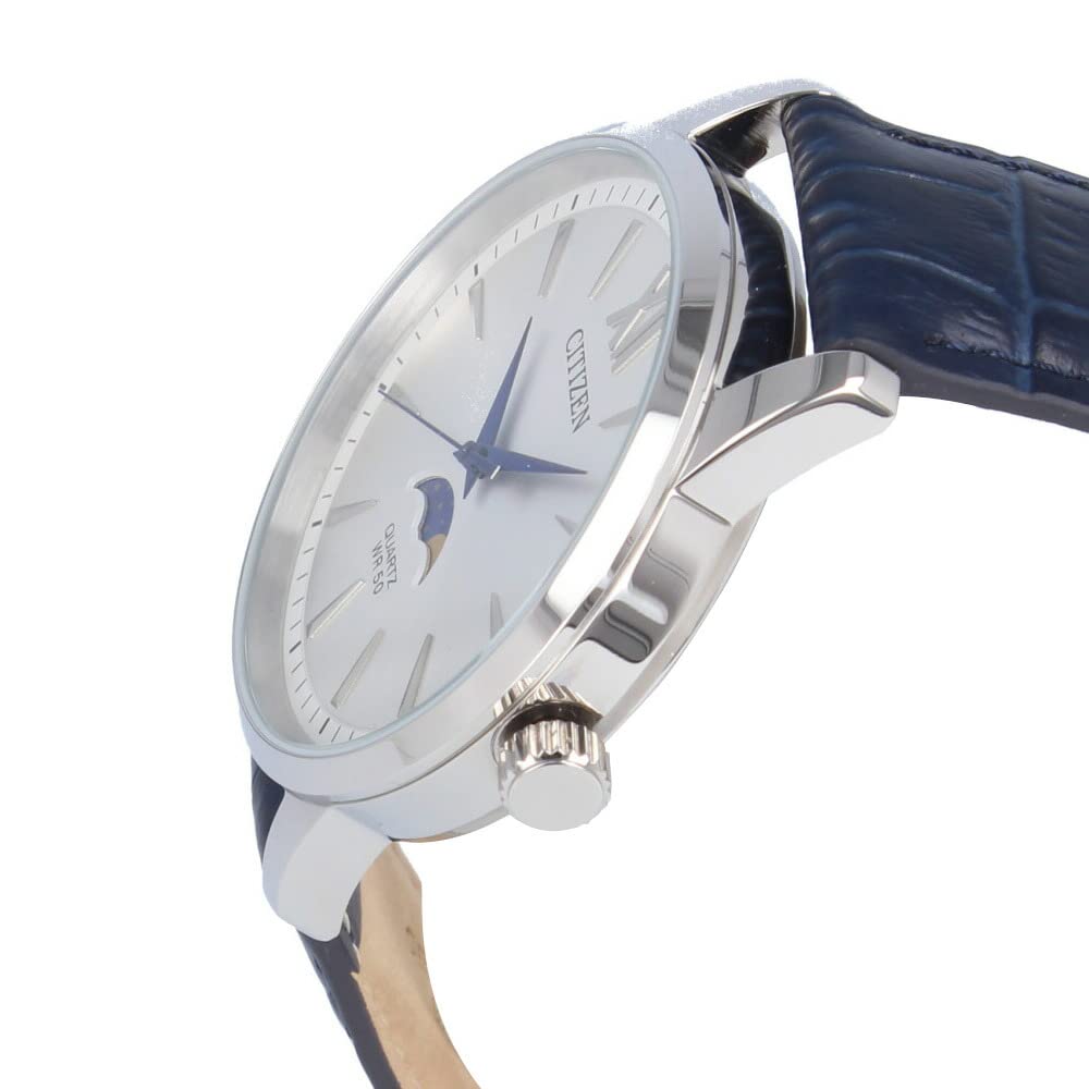 Citizen Мужские кварцевые аналоговые часы AK5000-03A Фаза Луны Кожаный ремешок Нержавеющая сталь Темно-синий Серебристый