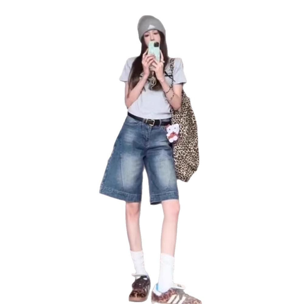 Ретро пикантные женские джинсовые шорты с низкой посадкой - Летний свободный крой 5-точечный дизайн с широкими штанинами средней длины