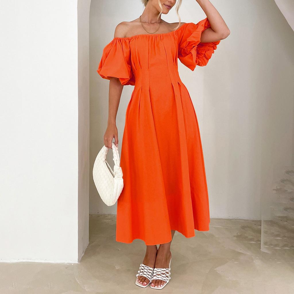 Women's Fashionable Solid Color One Line Neckline Bubble Short-Sleeved Temperament Pleated High Waisted Dress