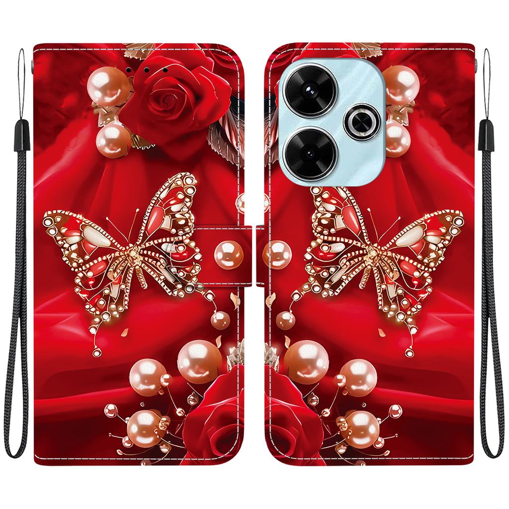 Handmade PU Leather Flip Case for Xiaomi Redmi 13 (4G) / Xiaomi Poco M6 4G Anti-Slip Shockproof Cover with Wrist Strap & Heart/Rose Cat Designs