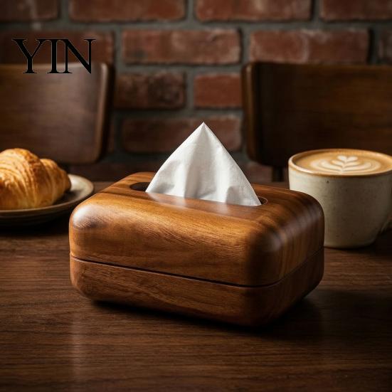 Wooden Tissue Box Holder Solid Wood Box, Rectangular Dispenser, Flip Top Natural Grain Lid Napkin Case for Living Room Bedroom And Hotel Office Desk