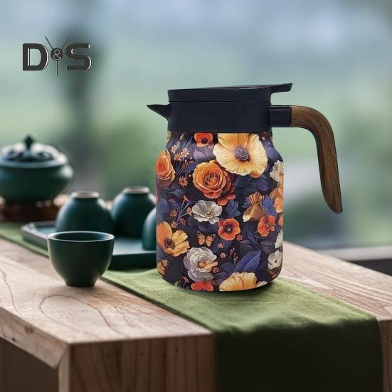 Винтажный заварочный чайник с цветочным узором и встроенным фильтром, V-образным носиком, заварочный чайник для воды под давлением, 1000 мл, изолированный заварочный чайник из нержавеющей стали для