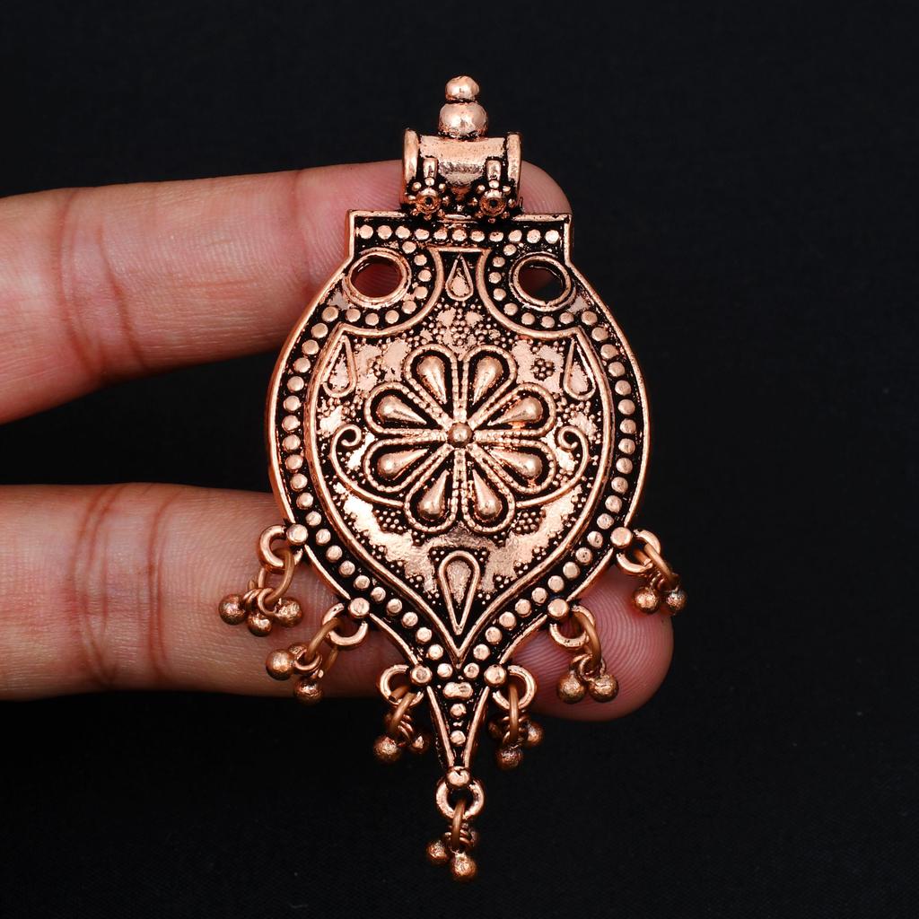 Boho Chic Oxidized Copper Teardrop Pendant Ethnic Floral Carved Charm with Tassel Beads Gypsy Style Jewelry Gift for Her
