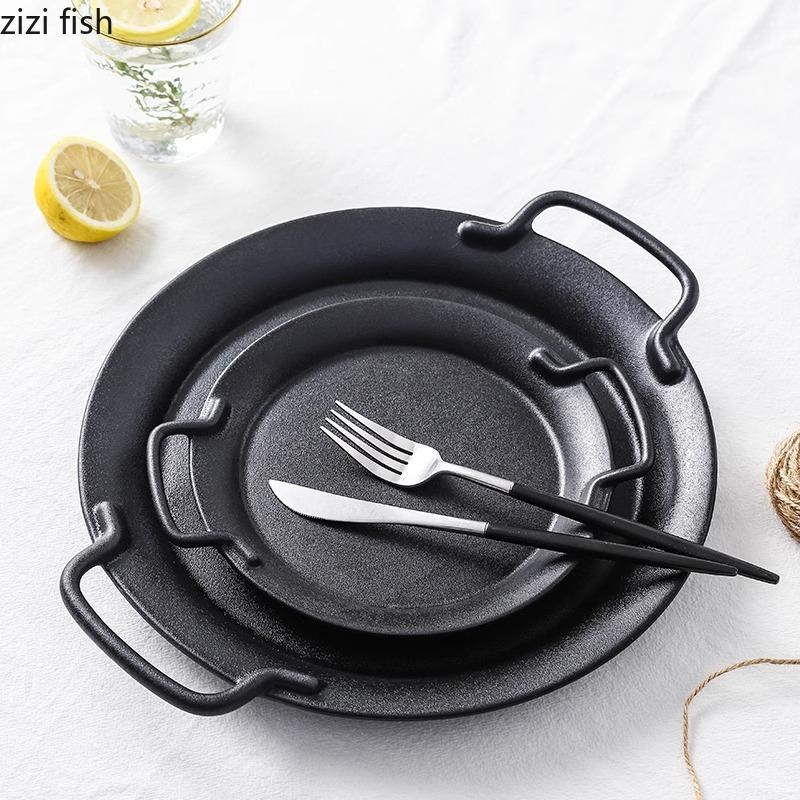 Черная матовая керамическая тарелка с двумя ручками, тарелка для стейка, тарелка для хлеба, десертные тарелки, тарелки для салата, специализированная посуда для молекулярной кухни