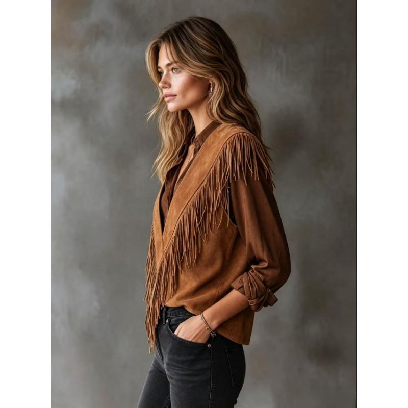 Women Vintage Suede Fringe V Neck Sleeveless Casual Vest