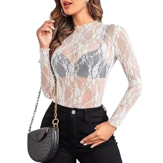 Женские топы с воротником-стойкой, длинными рукавами, облегающие блузки, сексуальные прозрачные сетчатые рубашки с цветочной вышивкой