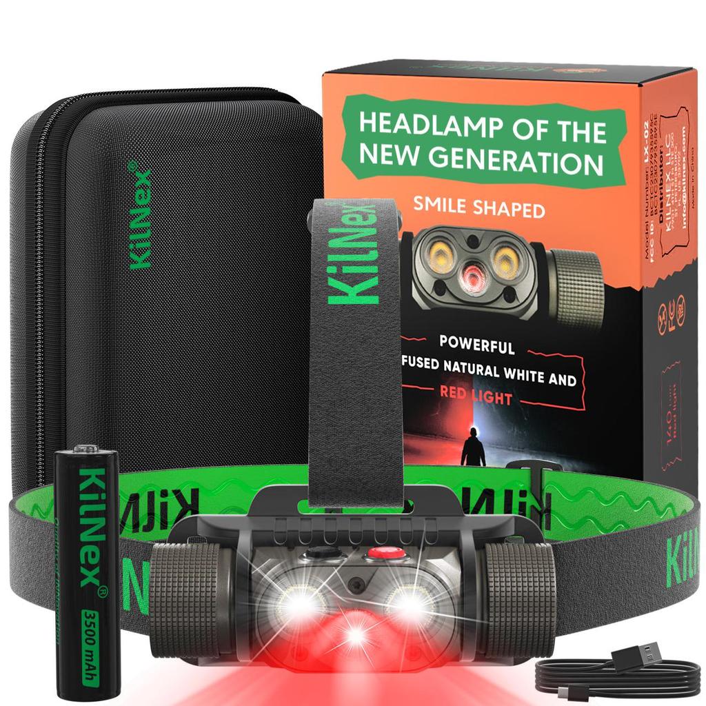 Kilnex Многофункциональный цельнометаллический аккумуляторный налобный фонарь Smile LX02 с очень мощным рассеянным красным светом.