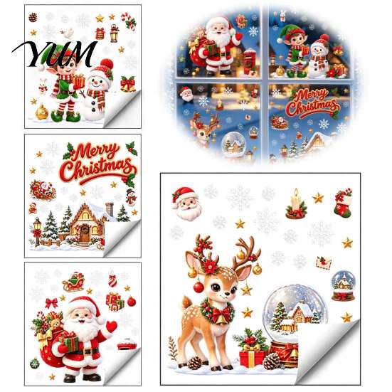 Outdoor Festive Glass Decorations Christmas Window Cling, PVC Waterproof Santa Claus/ Elf Snowman/Elk/House Stickers, Reusable Seasonal Home Ornaments