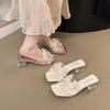Transparent High-heeled Cool Slippers Female 2025 Summer New Fairy Wind Beaded Lace Bow Square Head Thick-heeled Sandals