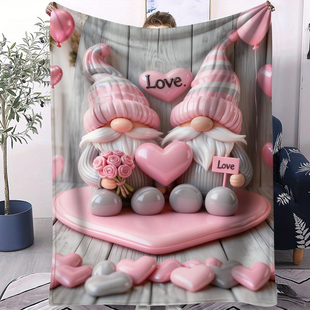 Cute Gnome Couple Flannel Blanket Heart Pattern Warm Throw Lightweight Cozy Cover for Living Room Christmas Valentine's Day Gift