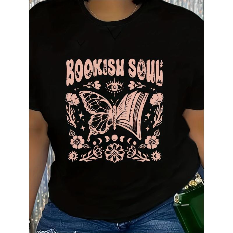 Женская футболка с графическим принтом 'Bookish Soul' Черная с розовым цветочным принтом Повседневный трендовый топ с коротким рукавом Для любителей книг