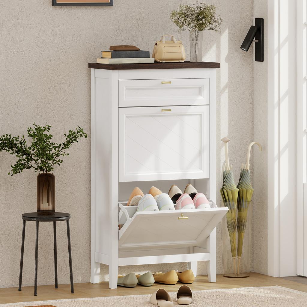 Shoe Cabinet with 2 Flip Drawers, Farmhouse Narrow Shoe Storage Cabinet with Adjustable Shelves, White
