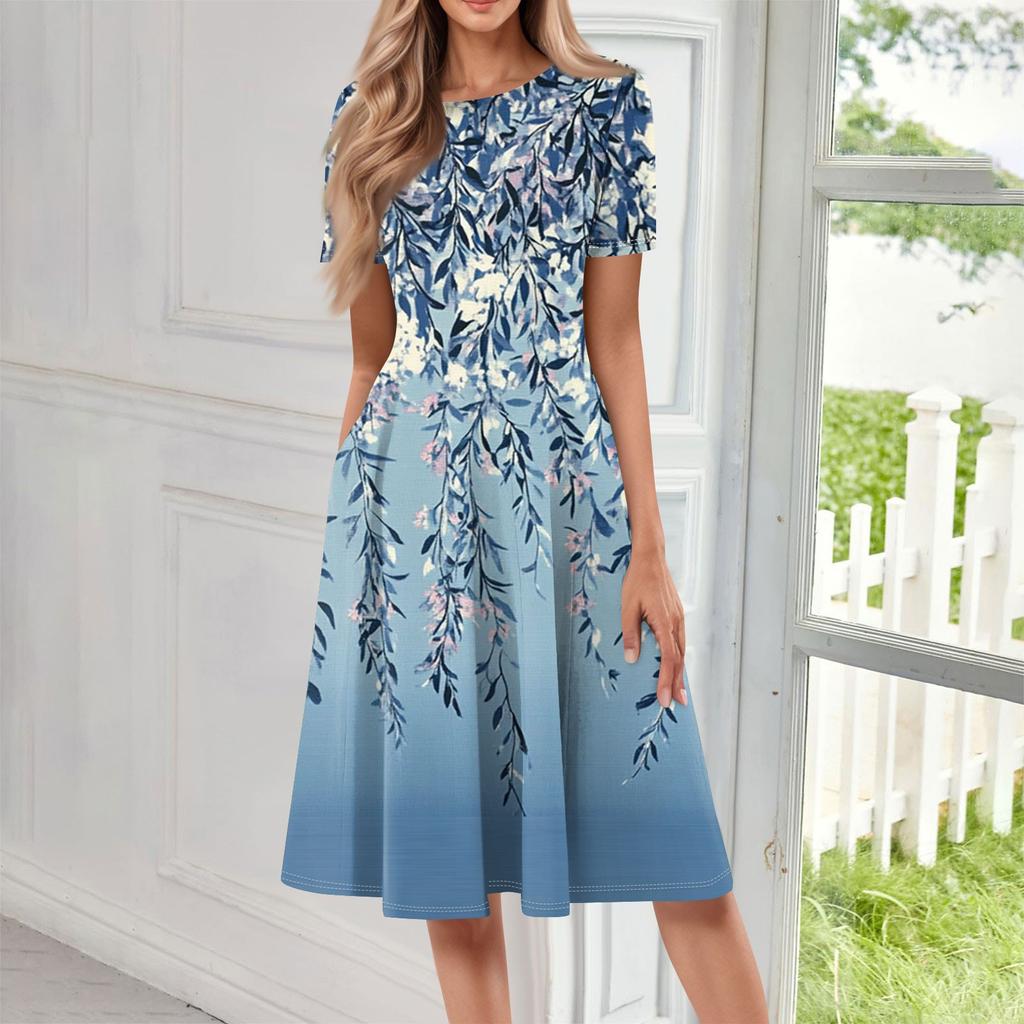 Женское свободное повседневное и модное платье с круглым вырезом и короткими рукавами, средней длины с принтом
