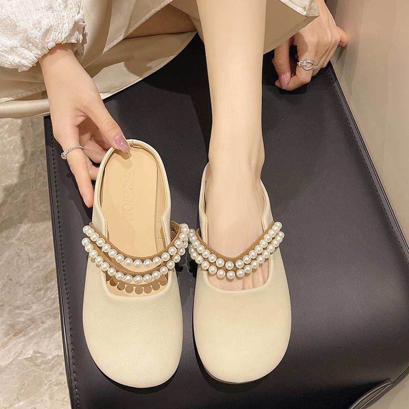 Baotou Half Slippers Female Summer New Pearl Slip-on Muller Shoes Flat Sandals Lazy Casual Slippers Female