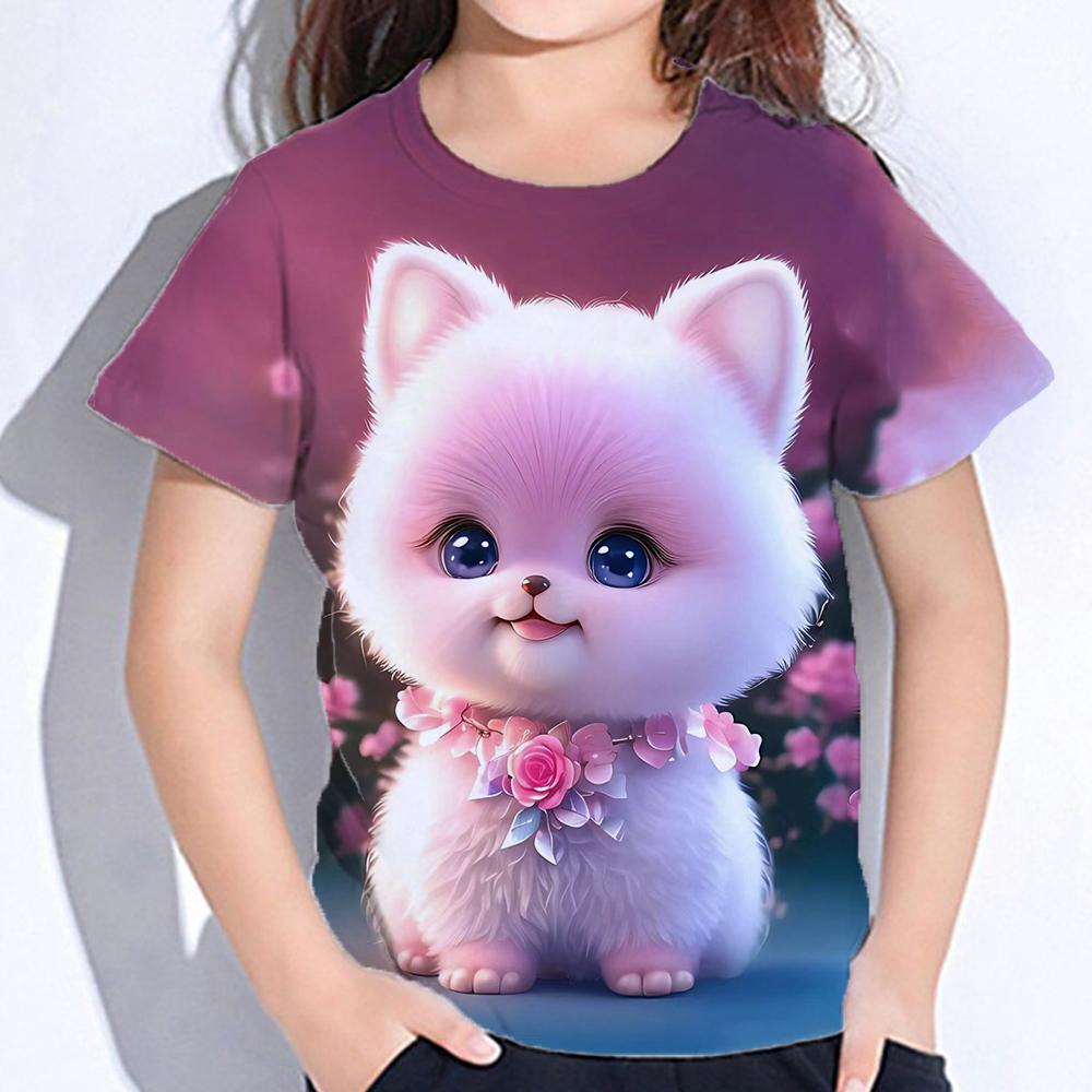 2025 Детская одежда Принт Одежда для девочек Модная блузка Kawaii Футболка Детская одежда Полиэстер Девушка Футболка с коротким рукавом