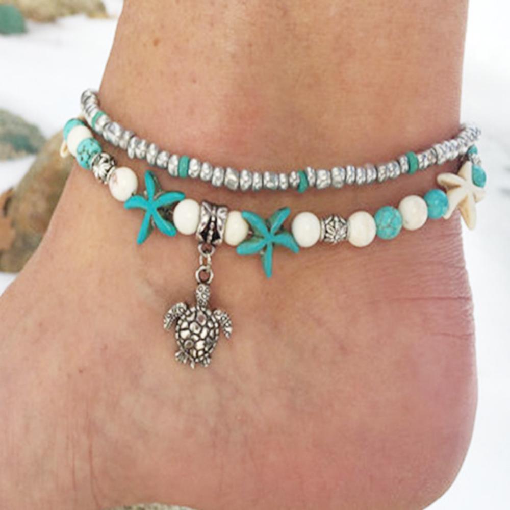 Beach Anklet Ankle Bracelet Turtle Anklet Starfish Anklet Nautical Anklet  Beaded Anklet (Color: Silver)