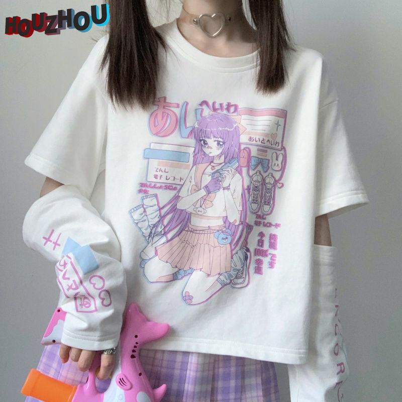 Kawaii Y2k E Girl, футболки с длинными рукавами и графическим принтом для женщин, черная футболка в стиле Харадзюку, японская уличная одежда, клубный стиль