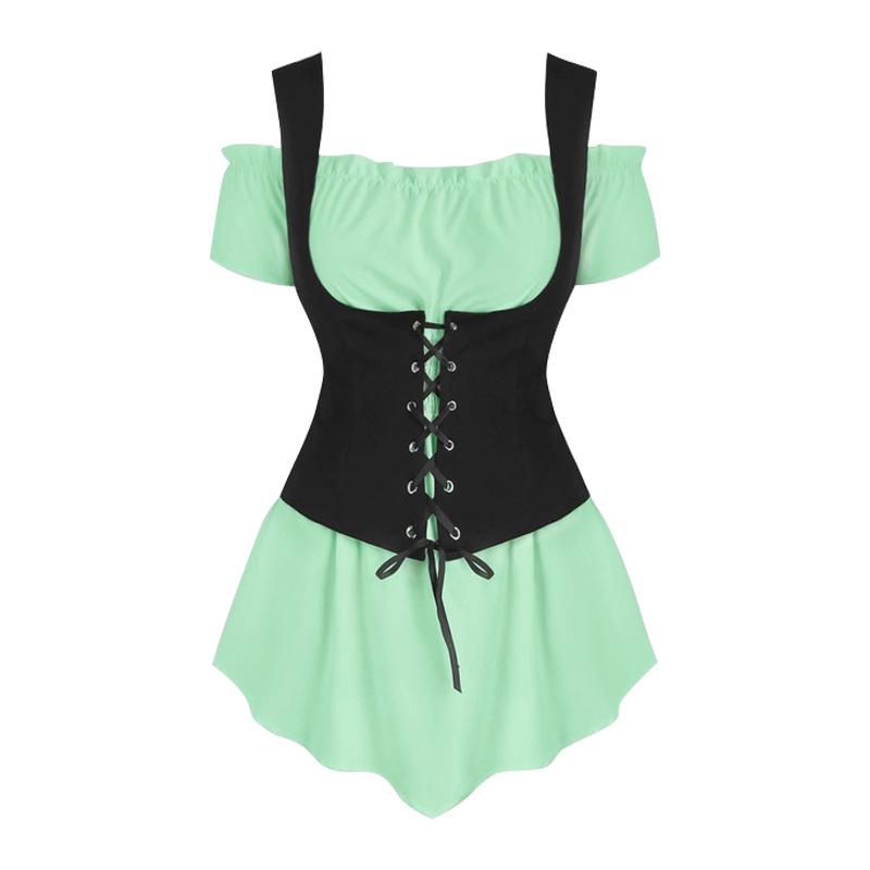 2025 Fashion Literature Retro Steampunk Boat Neck Shirt Lace-Up Vest Punk Style Two-Piece Set for Women