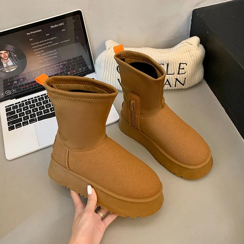 Женские платформенные балетки Зимние сапоги Мех Теплые хлопковые туфли Замшевые ботильоны Зимние плюшевые Женские 2025 Тренд Бренд Кожа Готические Ботинки Женские