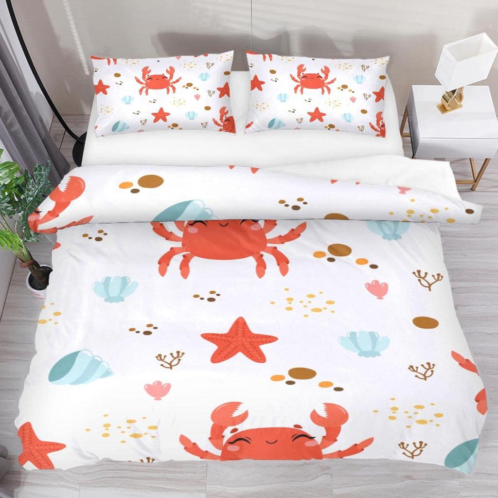 Crab Duvet Cover King Queen Cartoon Ocean Animal Bedding Collection For Kids Teens Adults Sea Wildlife 23Pcs Polyester Quilt Cover