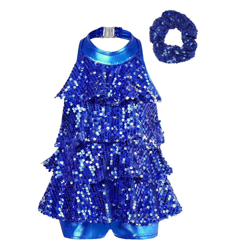 Kids Girls Shiny Sequined Dance Leotard Dress with Hair Band Jazz Latin Dance Performance Costume