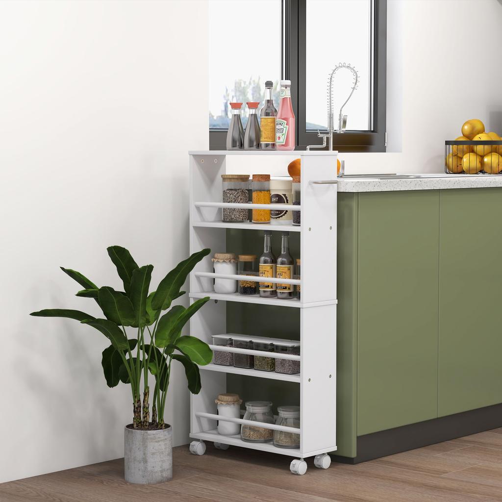 Multifunctional Shelf with Casters, Narrow Design, 4 Compartments, 45x15x91 cm, White