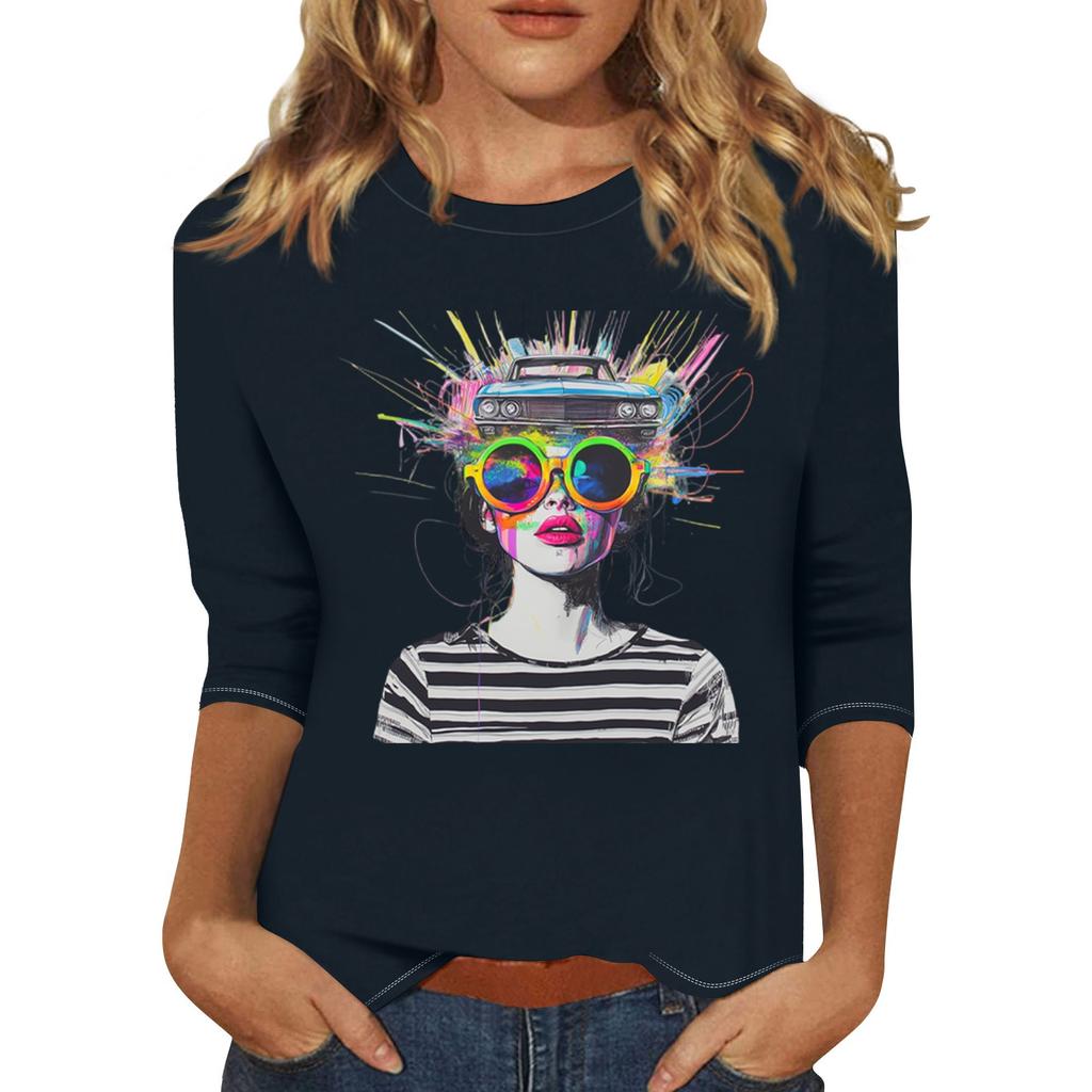 Женская мода повседневная три четверти рукава с принтом персонажей круглый вырез пуловер топ