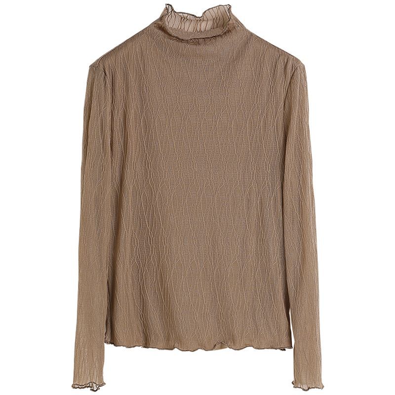 Lace Base Shirt for Women's Autumn Fashion Half High Neck Long Sleeved Mesh Base Top