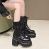 9СМ Массивные Ботинки до середины икры на платформе Женские Новые Осенне-зимние Мотоботы Женские Толстая подошва Нескользящие Кожаные Боевые ботинки