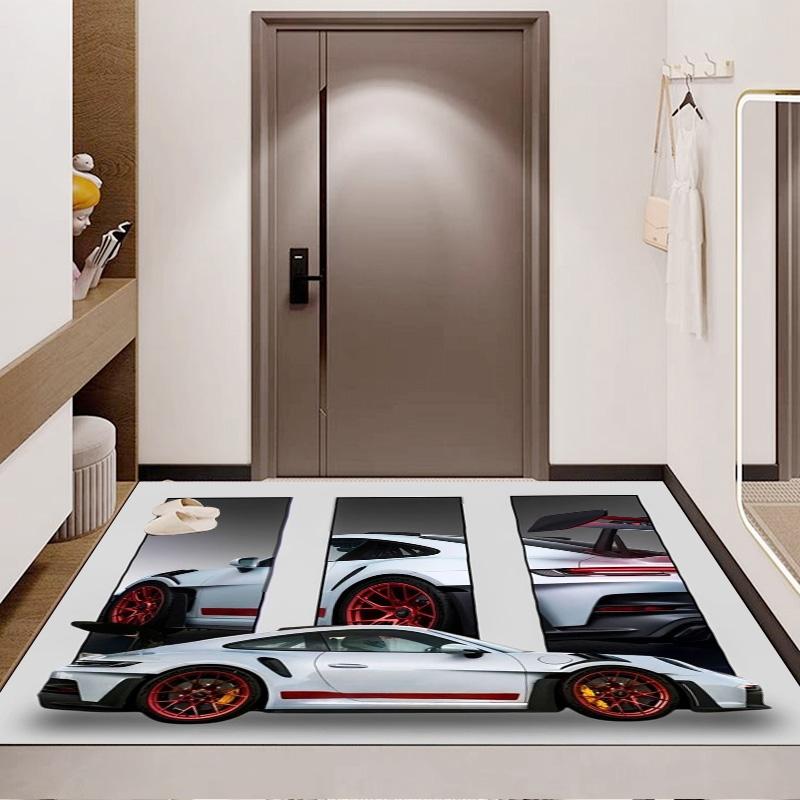 White Sport Car Red Wheel Multi‑Frame Print Area Rug Non‑Slip Rectangular Floor Mat Auto Fan Decor for Gaming Bedroom Living Room