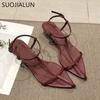 Fashion SUOJIALUN 2025 Summer New Women Sandal Fashion Narrow Band Ladies Gladiator Shoes Thin Low Heel Ankle Strap Dress Party Shoes